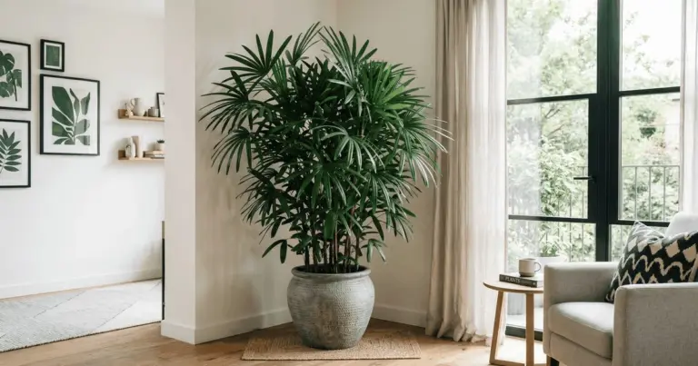 Proč zkušení designéři dávají palmu Rhapis do tmavých koutů obývacího pokoje